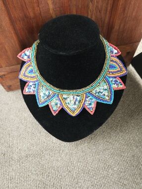 Vintage Beaded Statement Necklace Collar Colorful Sequin Bib Necklace Boho
